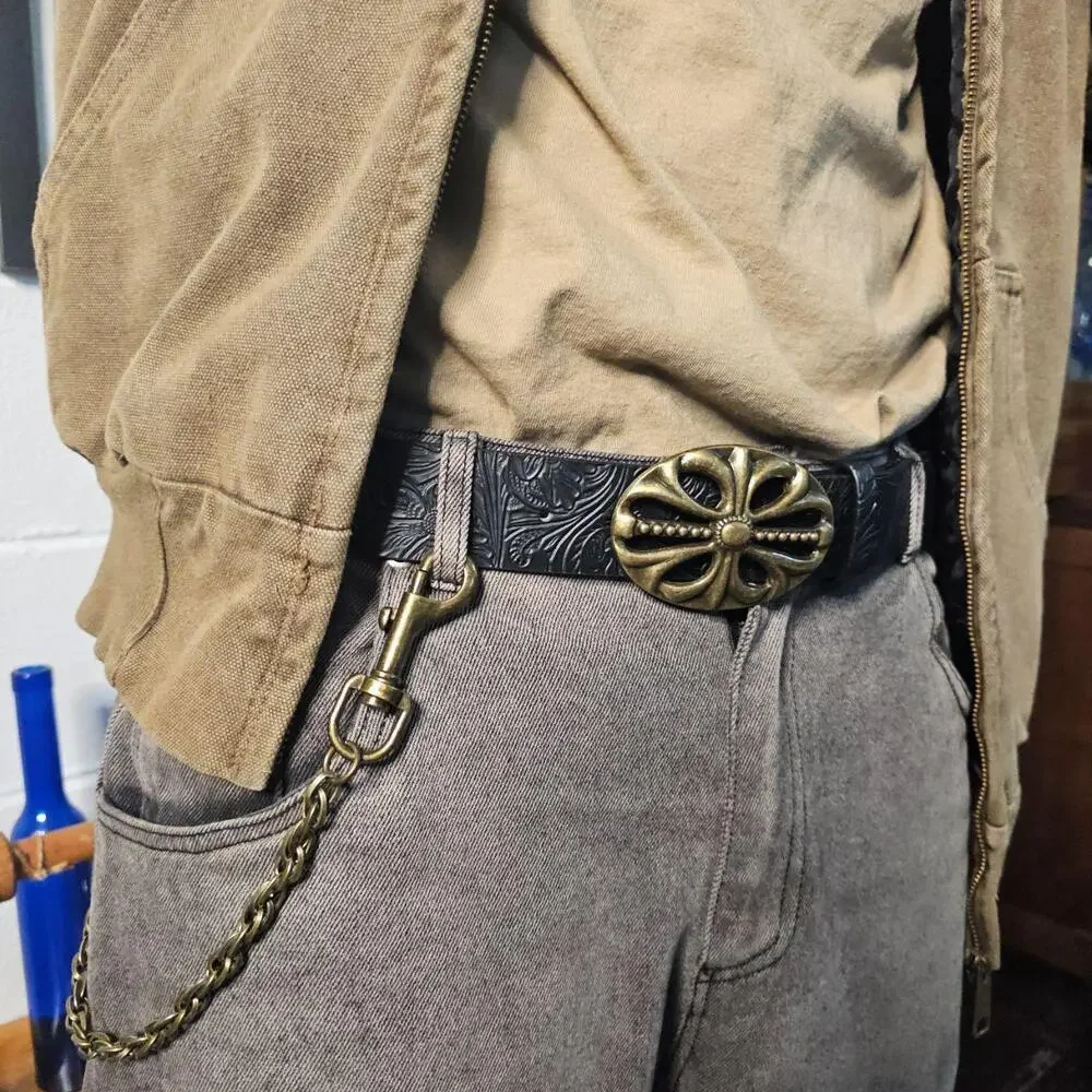 Belt Gothic Tooled Leather Cross Buckle Black (45 in) ✨